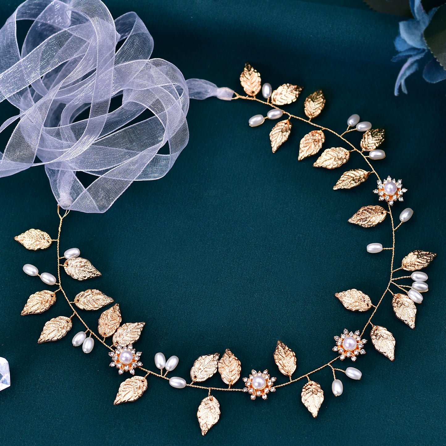 BRIDELLA BHP110 Golden Alloy Leaf Headband for Brides Hand Woven Metal Studded with Diamonds Noble Wedding Hair Accessories