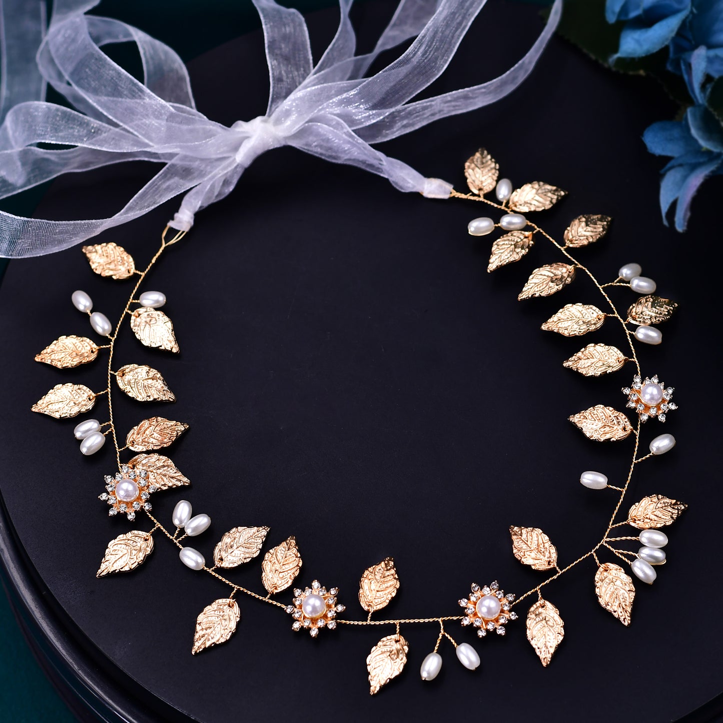 BRIDELLA BHP110 Golden Alloy Leaf Headband for Brides Hand Woven Metal Studded with Diamonds Noble Wedding Hair Accessories