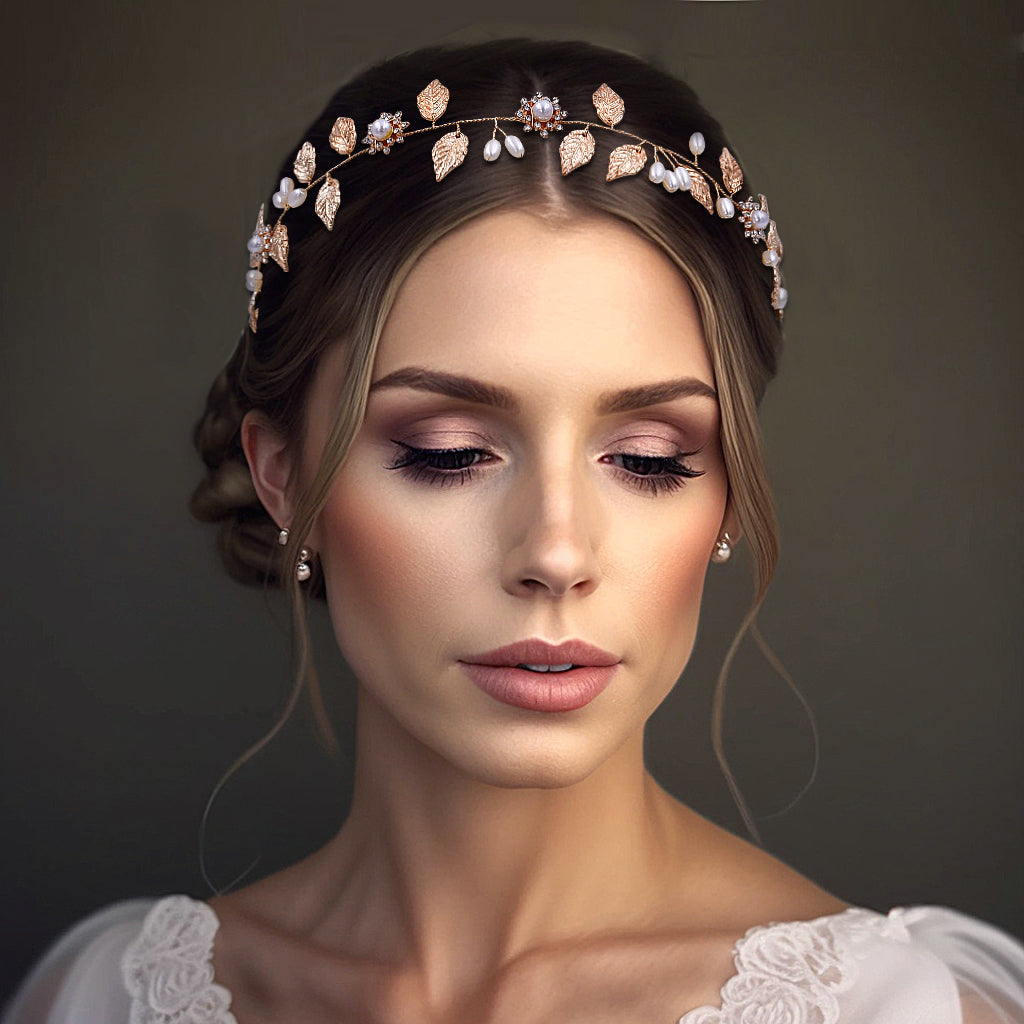 BRIDELLA BHP110 Golden Alloy Leaf Headband for Brides Hand Woven Metal Studded with Diamonds Noble Wedding Hair Accessories
