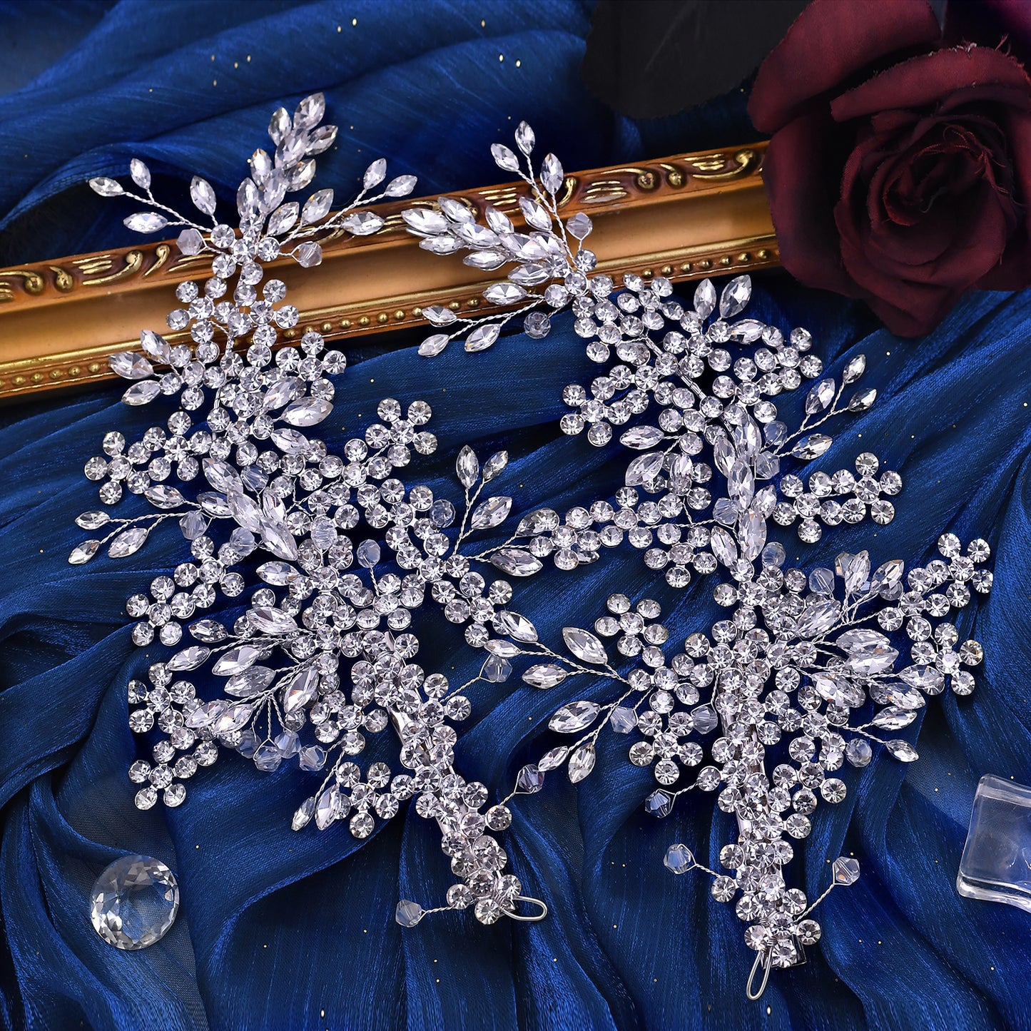 BRIDELLA BHP253 Bridal Headpiece Barrettes Hair Clips Vine Rhinestone Floral Wedding Hair Accessories Brides Hair Jewelry