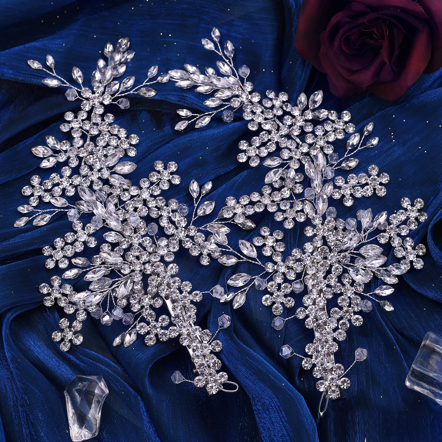 BRIDELLA BHP253 Bridal Headpiece Barrettes Hair Clips Vine Rhinestone Floral Wedding Hair Accessories Brides Hair Jewelry