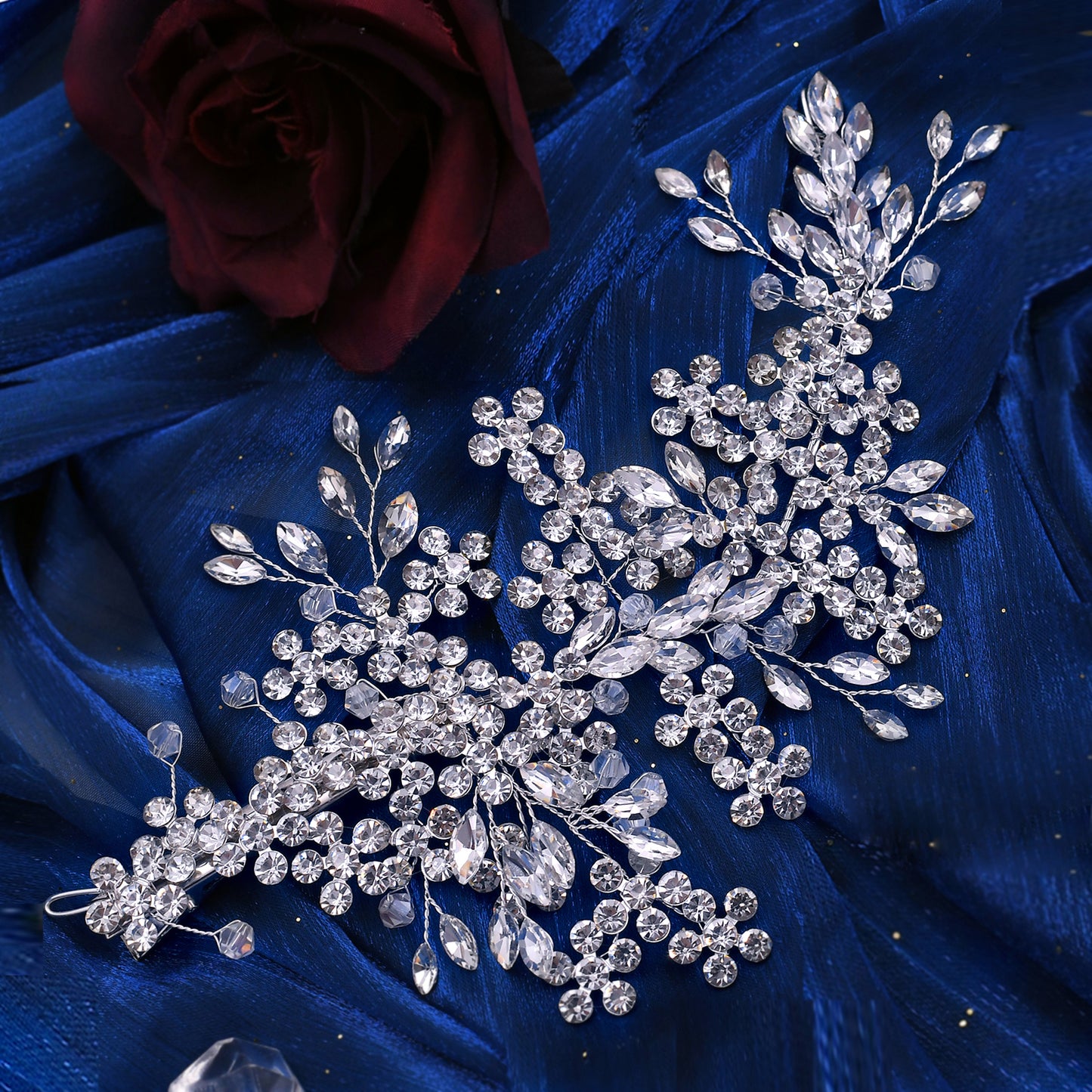 BRIDELLA BHP253 Bridal Headpiece Barrettes Hair Clips Vine Rhinestone Floral Wedding Hair Accessories Brides Hair Jewelry