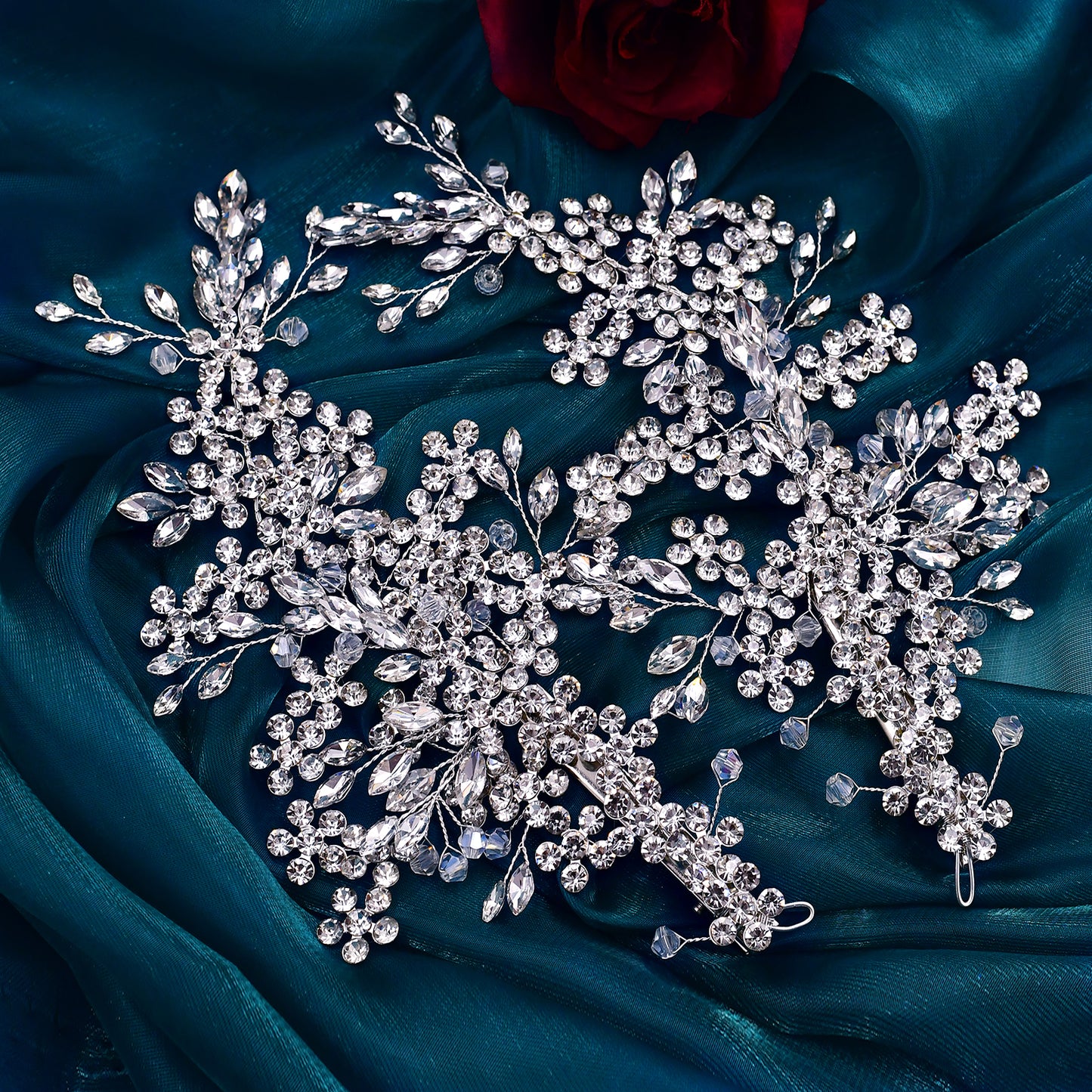BRIDELLA BHP253 Bridal Headpiece Barrettes Hair Clips Vine Rhinestone Floral Wedding Hair Accessories Brides Hair Jewelry