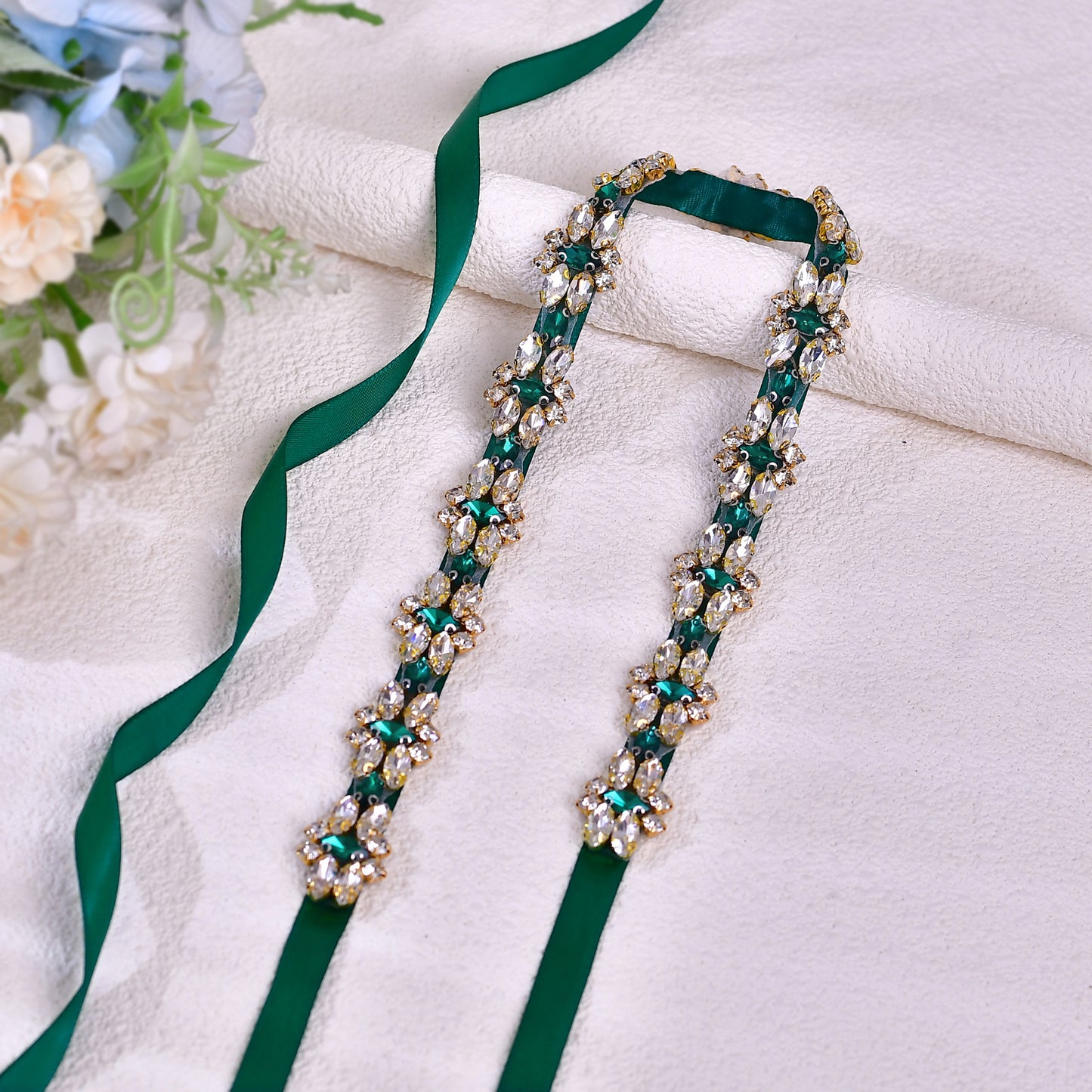 BRIDELLA BS333GKL Green Dress Belt Large Sized Girl Emerald Glass Diamond