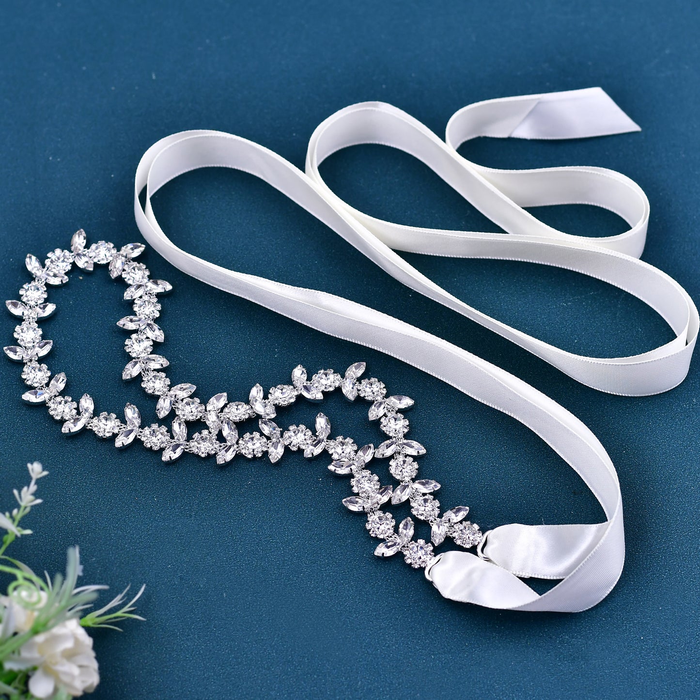 BRIDELLA BS440 Alloy Dress Belt Fine Body Chain Adjustable Silver Rhinestone Waistband Outlines Waistline