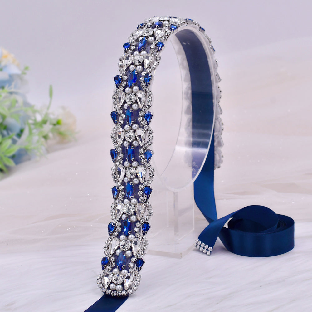 BRIDELLA BS466ML Blue Waist Belt Luxurious Full Diamond Klein Blue Water Diamond Belt Essential for Gorgeous Ball Parties