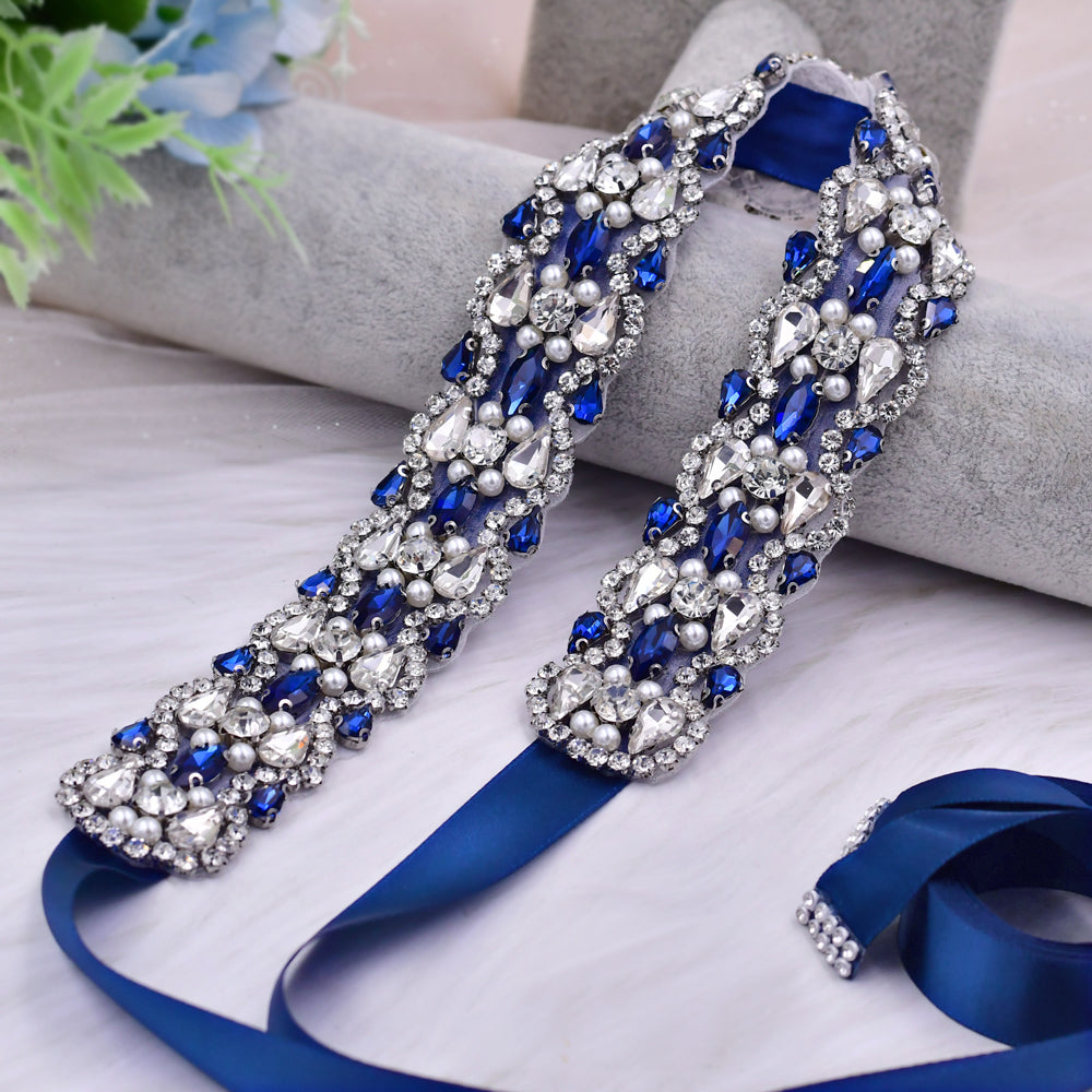 BRIDELLA BS466ML Blue Waist Belt Luxurious Full Diamond Klein Blue Water Diamond Belt Essential for Gorgeous Ball Parties