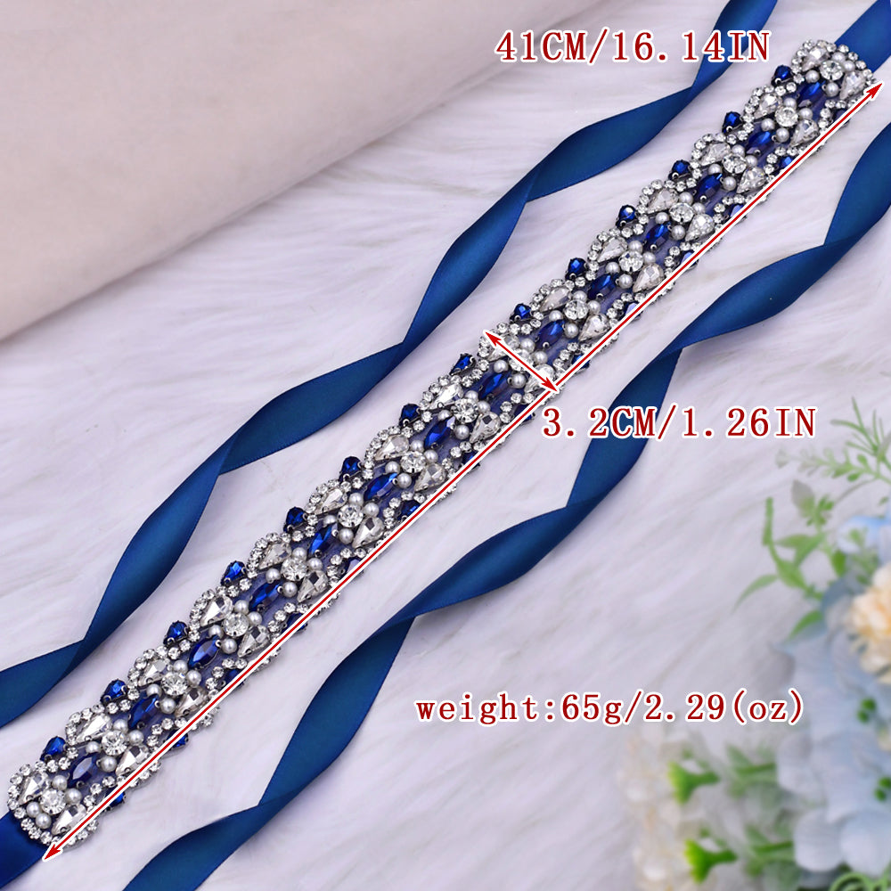 BRIDELLA BS466ML Blue Waist Belt Luxurious Full Diamond Klein Blue Water Diamond Belt Essential for Gorgeous Ball Parties