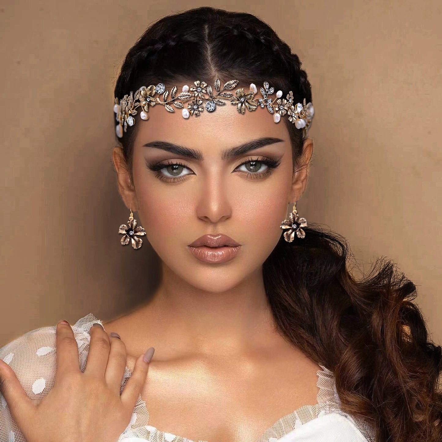 BRIDELLA BHP355 Bridal Golden Headband Women Tiara Wedding Pearl Headwear Alloy Flower And Alloy Leaf Hair Band Hair Accessories