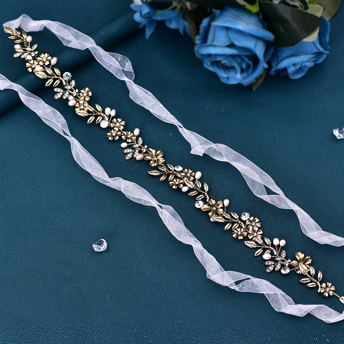 BRIDELLA BHP355 Bridal Golden Headband Women Tiara Wedding Pearl Headwear Alloy Flower And Alloy Leaf Hair Band Hair Accessories