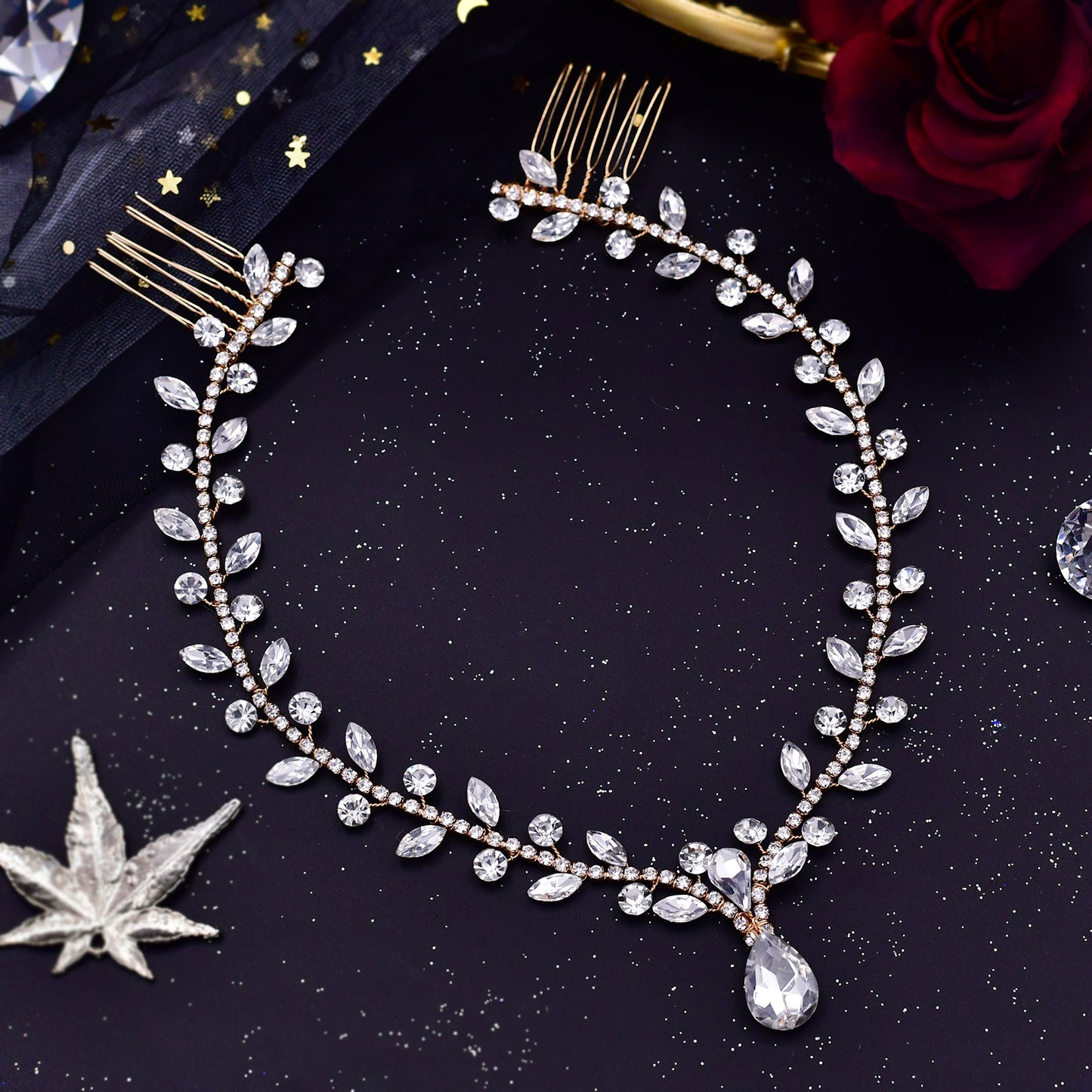 BRIDELLA BHP465 Women Headband Forehead Bridal Headdress Water Drop Head Chain Bride Headpiece with Combs Wedding Hair Accessories