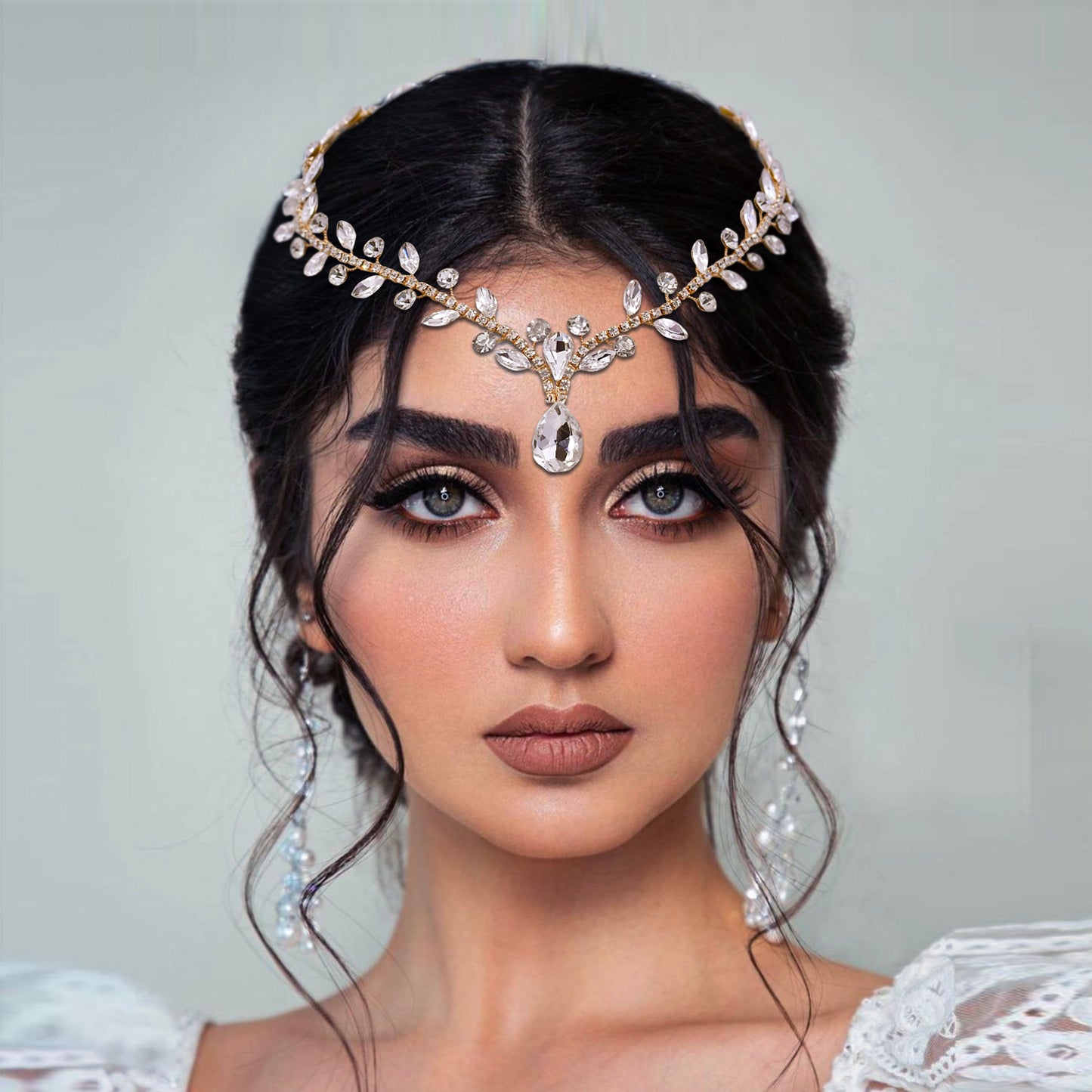 BRIDELLA BHP465 Women Headband Forehead Bridal Headdress Water Drop Head Chain Bride Headpiece with Combs Wedding Hair Accessories