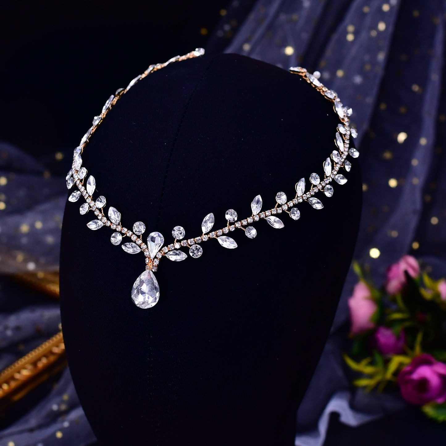 BRIDELLA BHP465 Women Headband Forehead Bridal Headdress Water Drop Head Chain Bride Headpiece with Combs Wedding Hair Accessories