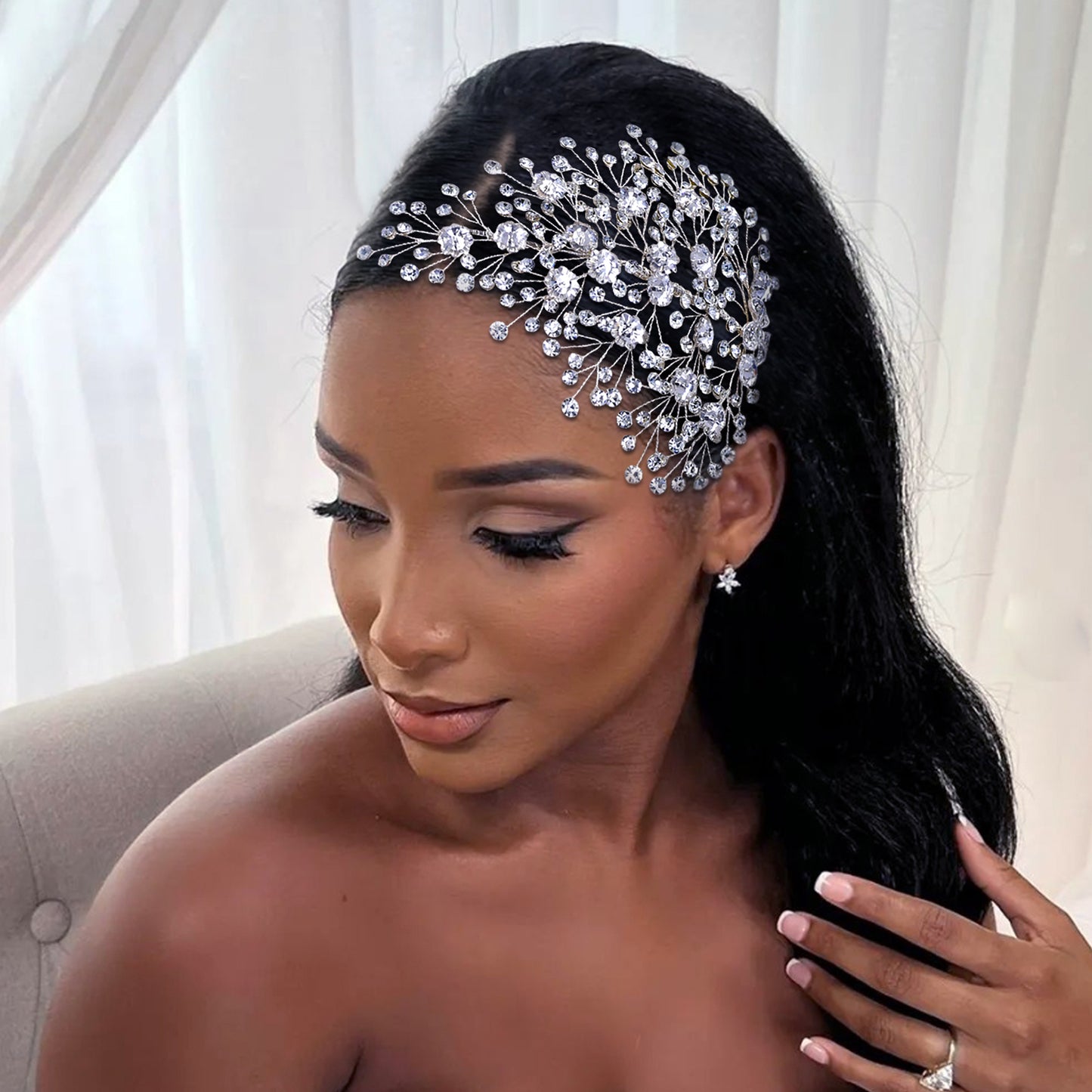 BRIDELLA BHP561 Silver Color Alloy Flower Wedding Headpiece Rhinestone Bridal Hair Accessories Headband Handmade Hair Comb