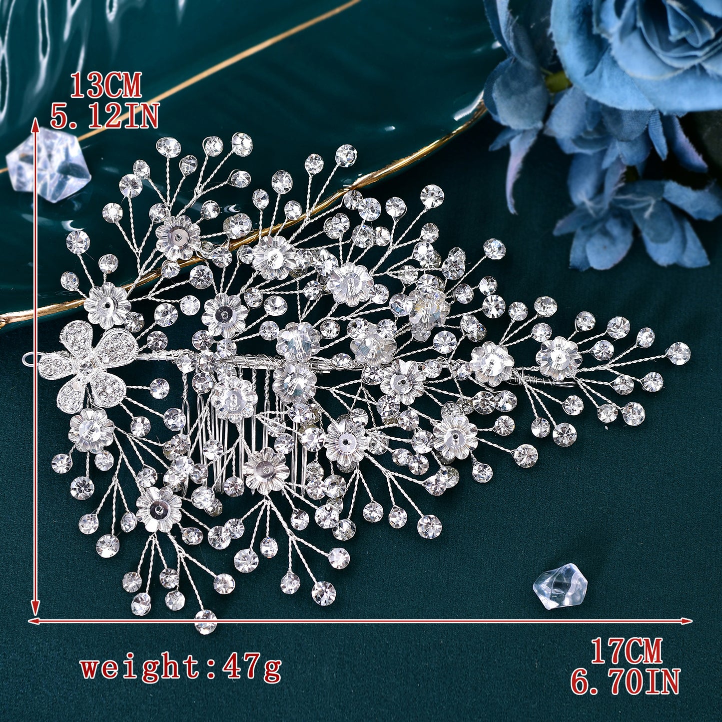 BRIDELLA BHP561 Silver Color Alloy Flower Wedding Headpiece Rhinestone Bridal Hair Accessories Headband Handmade Hair Comb