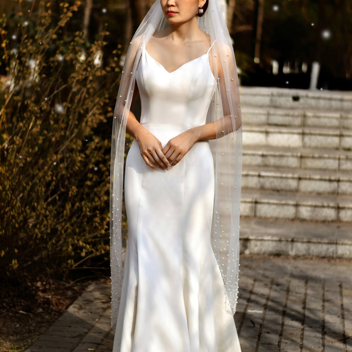 BRIDELLA BV10 Single Waltz Length Curved Pearl Bridal Veil with Comb