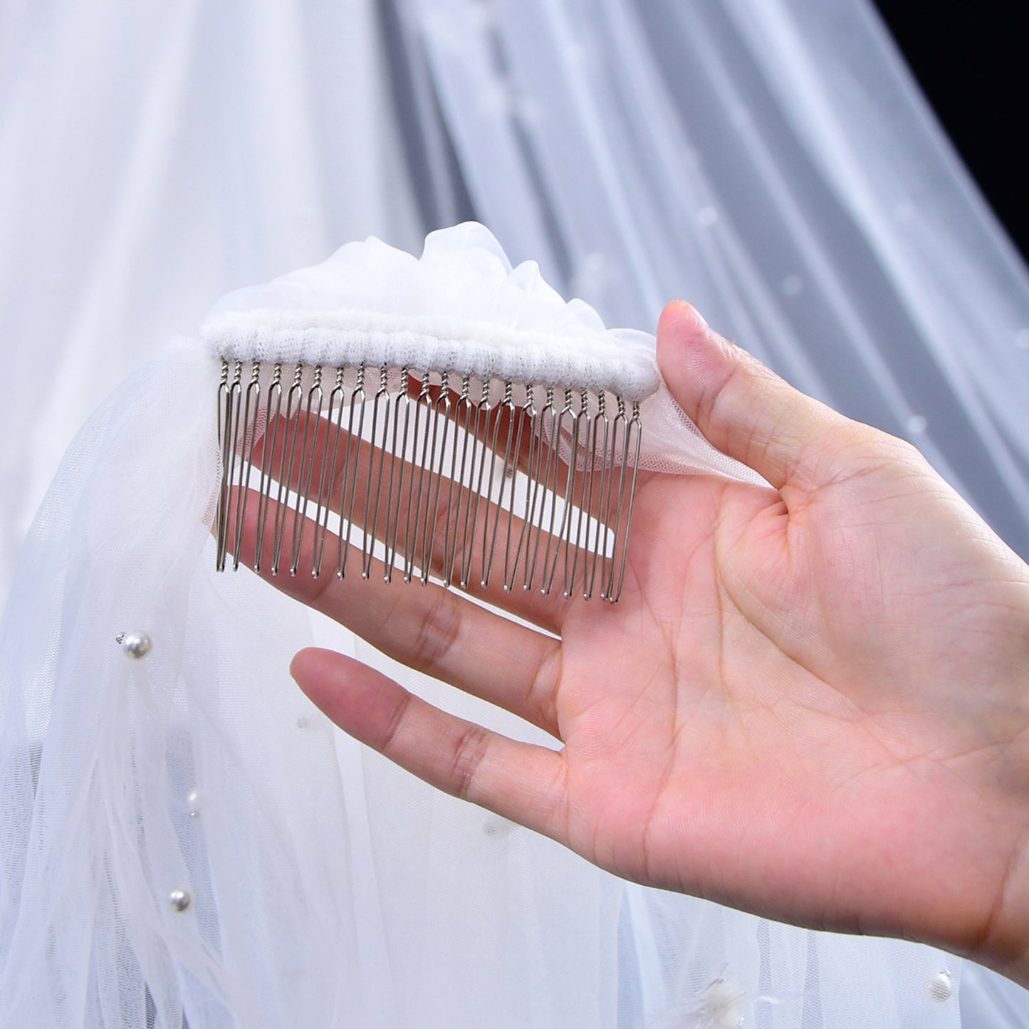 BRIDELLA BV10 Single Waltz Length Curved Pearl Bridal Veil with Comb