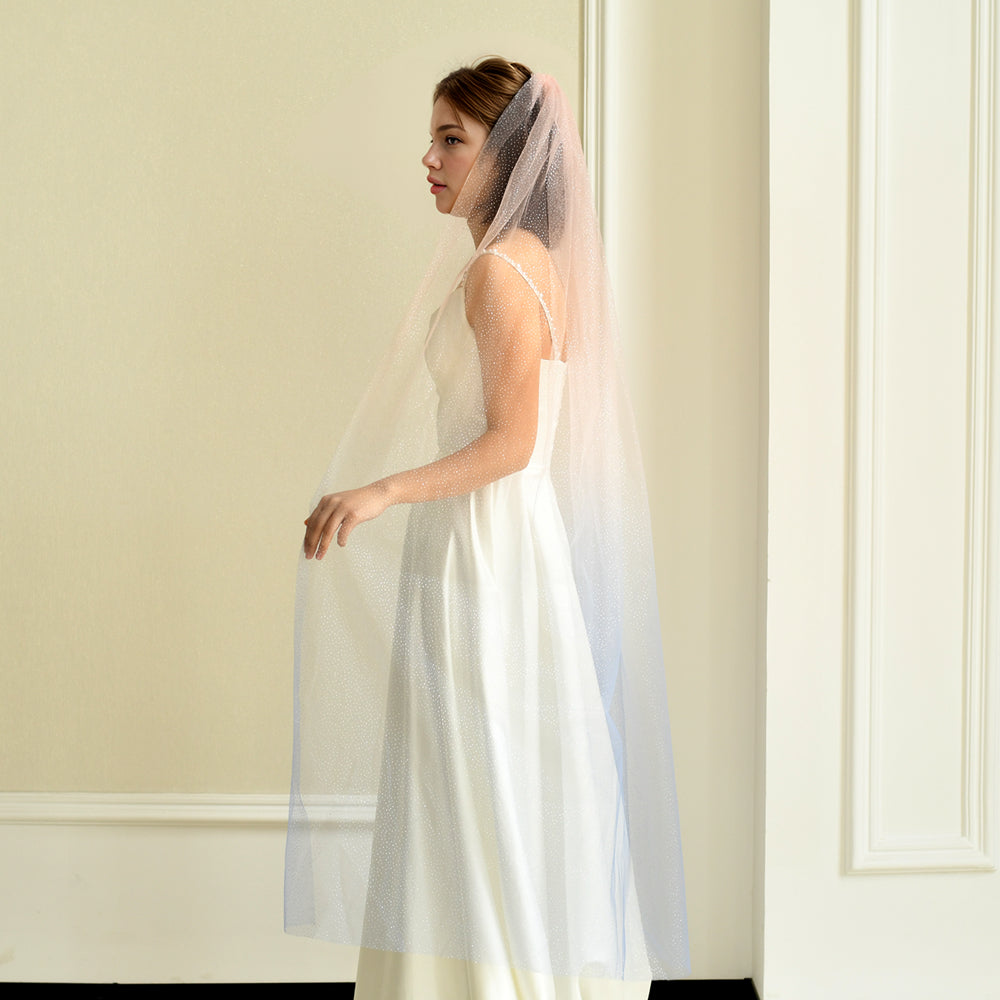 BRIDELLA BM108 Single Layer Long Powder Blue Gradient Sparkle Starlight Gauze Bridal Veil Wedding Accessories Waltz Ladies Stage