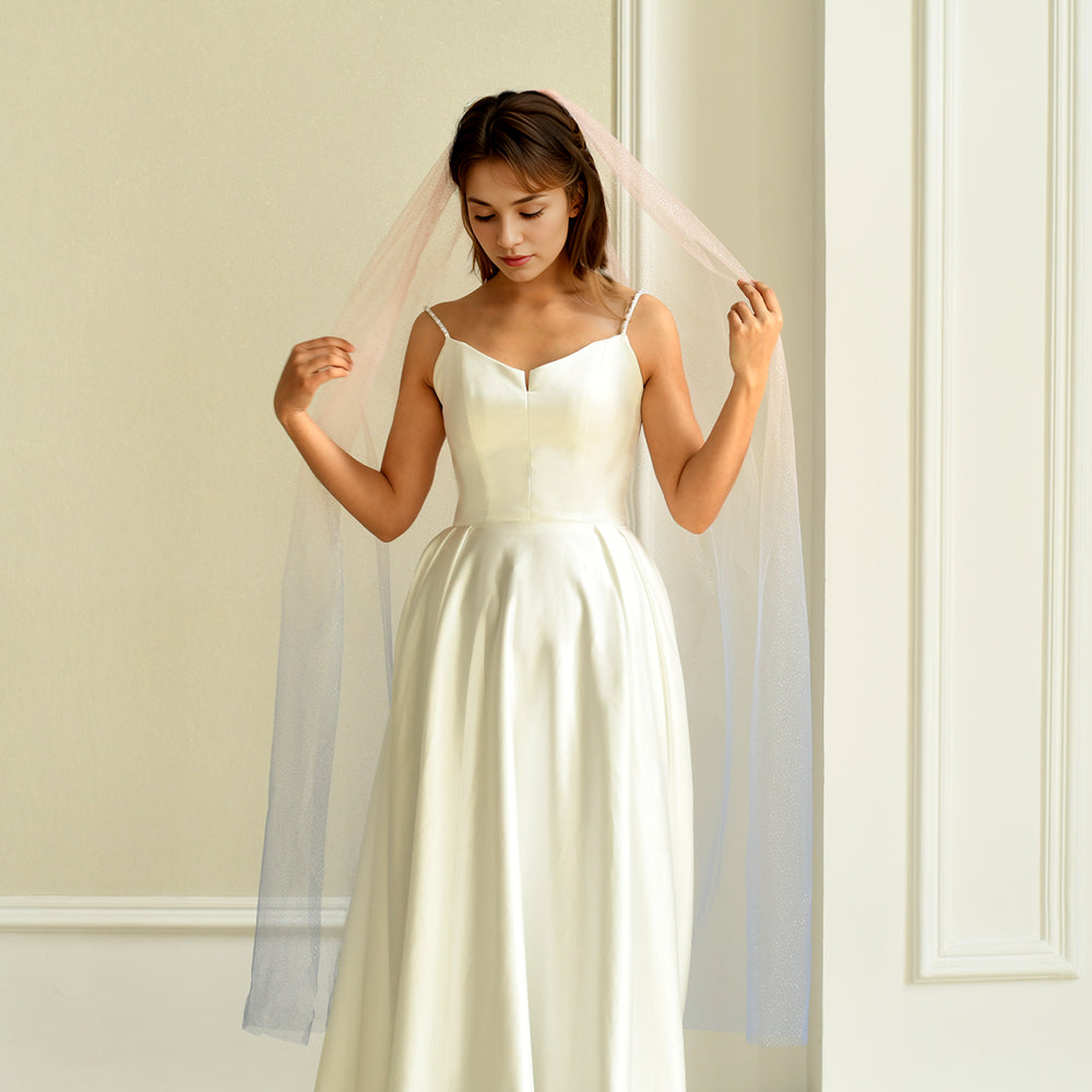 BRIDELLA BM108 Single Layer Long Powder Blue Gradient Sparkle Starlight Gauze Bridal Veil Wedding Accessories Waltz Ladies Stage