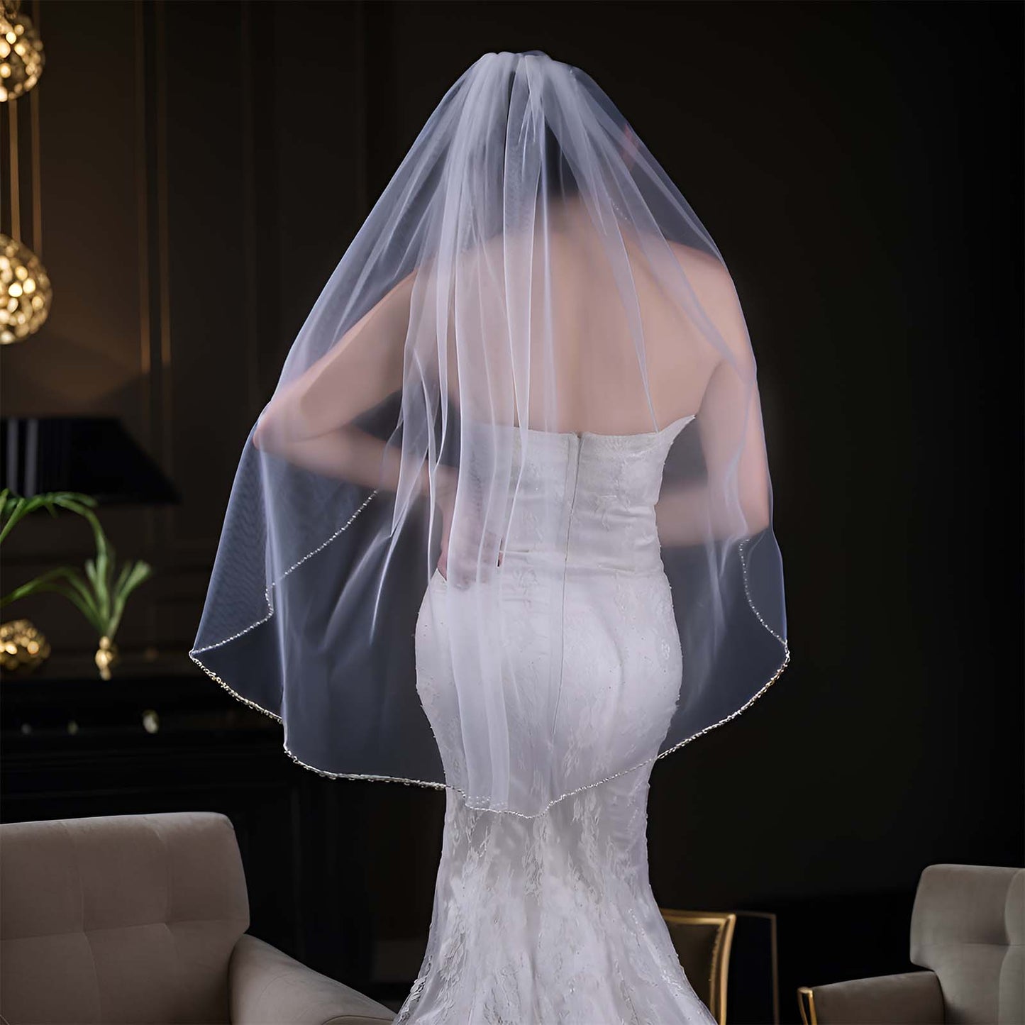 BRIDELLA BV34 Fashionable Fingertip Length Crystal Pearl Beaded Edge Single Layer Bridal Wedding Veil Suitable For Individual Dress