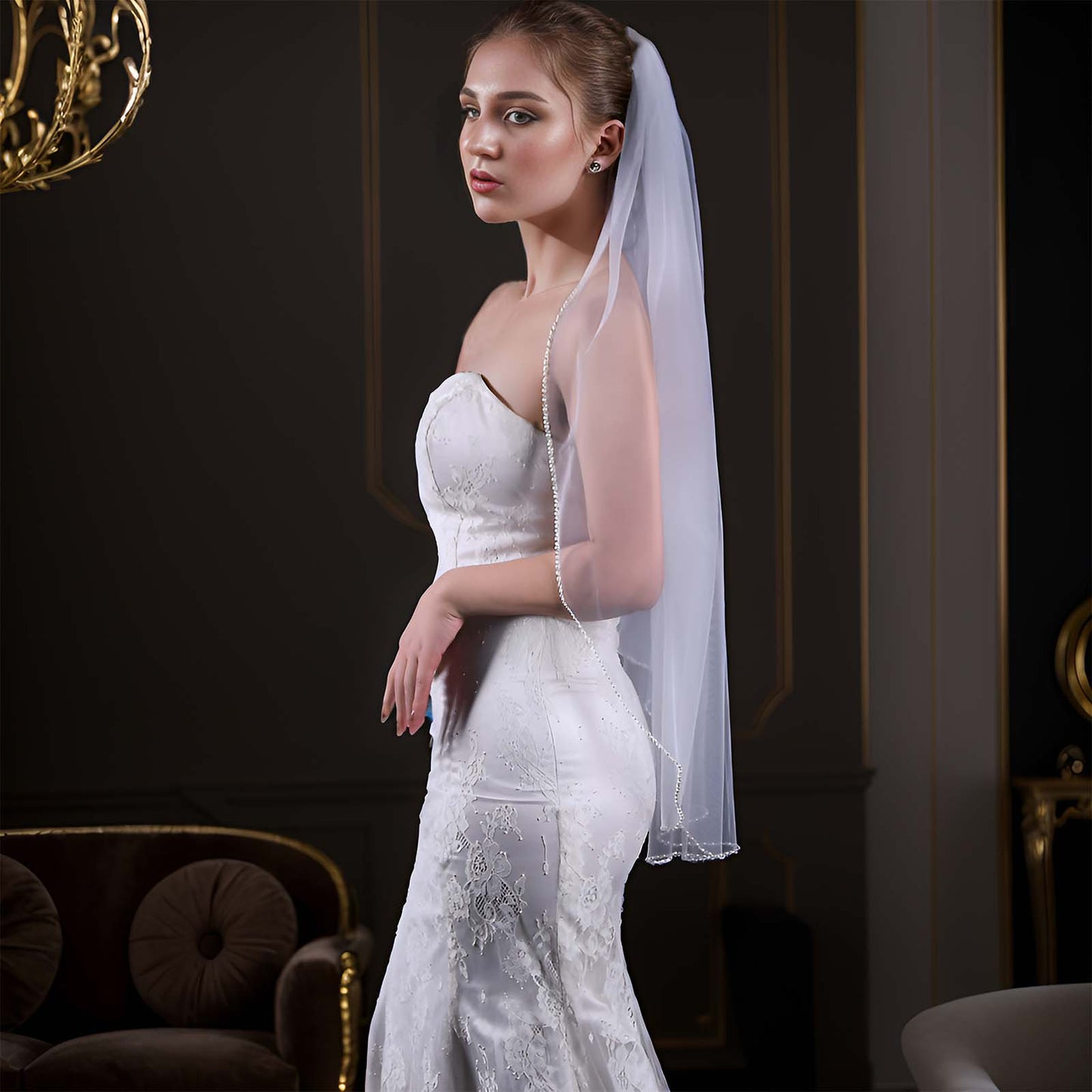 BRIDELLA BV34 Fashionable Fingertip Length Crystal Pearl Beaded Edge Single Layer Bridal Wedding Veil Suitable For Individual Dress