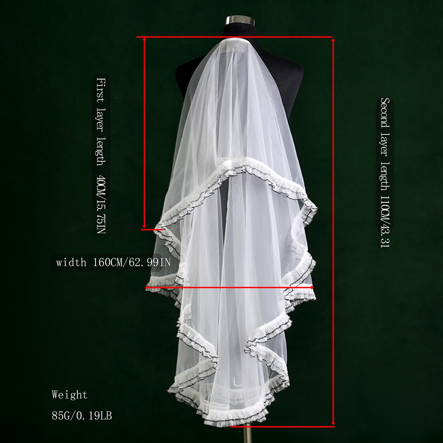 BRIDELLA BM86 Personalized Pleated Edge Short Double White Black Border Bridal Veil Wedding Accessories For Ladies Birthday Party