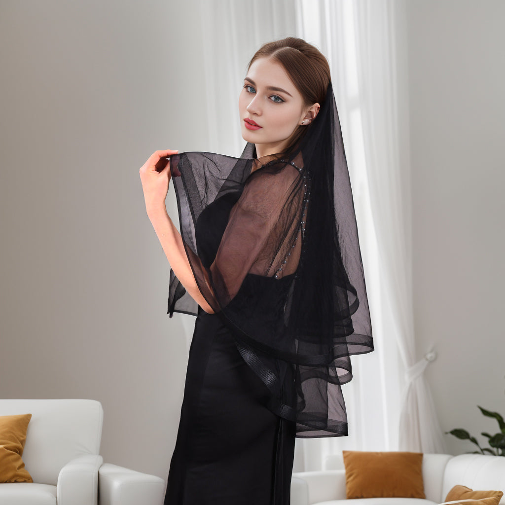 BRIDELLA BV69 Fashion Black Bridal Veil Double Layer Soft Lace Veil Fingertip Wedding Party Accessories