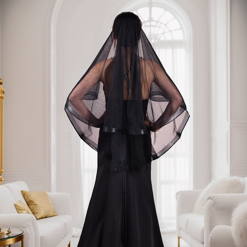 BRIDELLA BV69 Fashion Black Bridal Veil Double Layer Soft Lace Veil Fingertip Wedding Party Accessories
