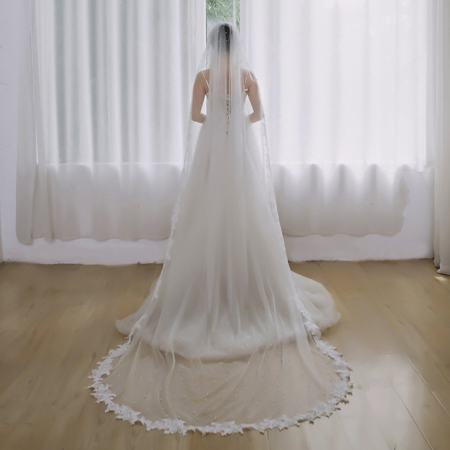 BRIDELLA BV82 Fashion Bridal Wedding Lace Veil Single Layer Cathedral Train Elegant Combed Pearl Tulle
