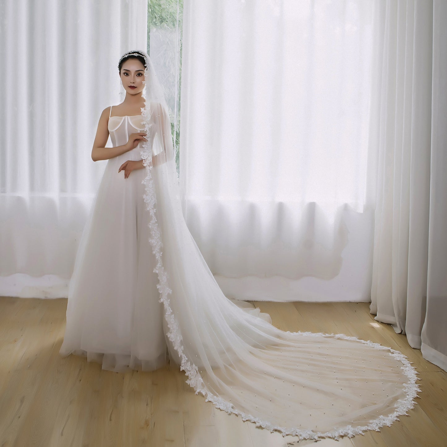 BRIDELLA BV82 Fashion Bridal Wedding Lace Veil Single Layer Cathedral Train Elegant Combed Pearl Tulle
