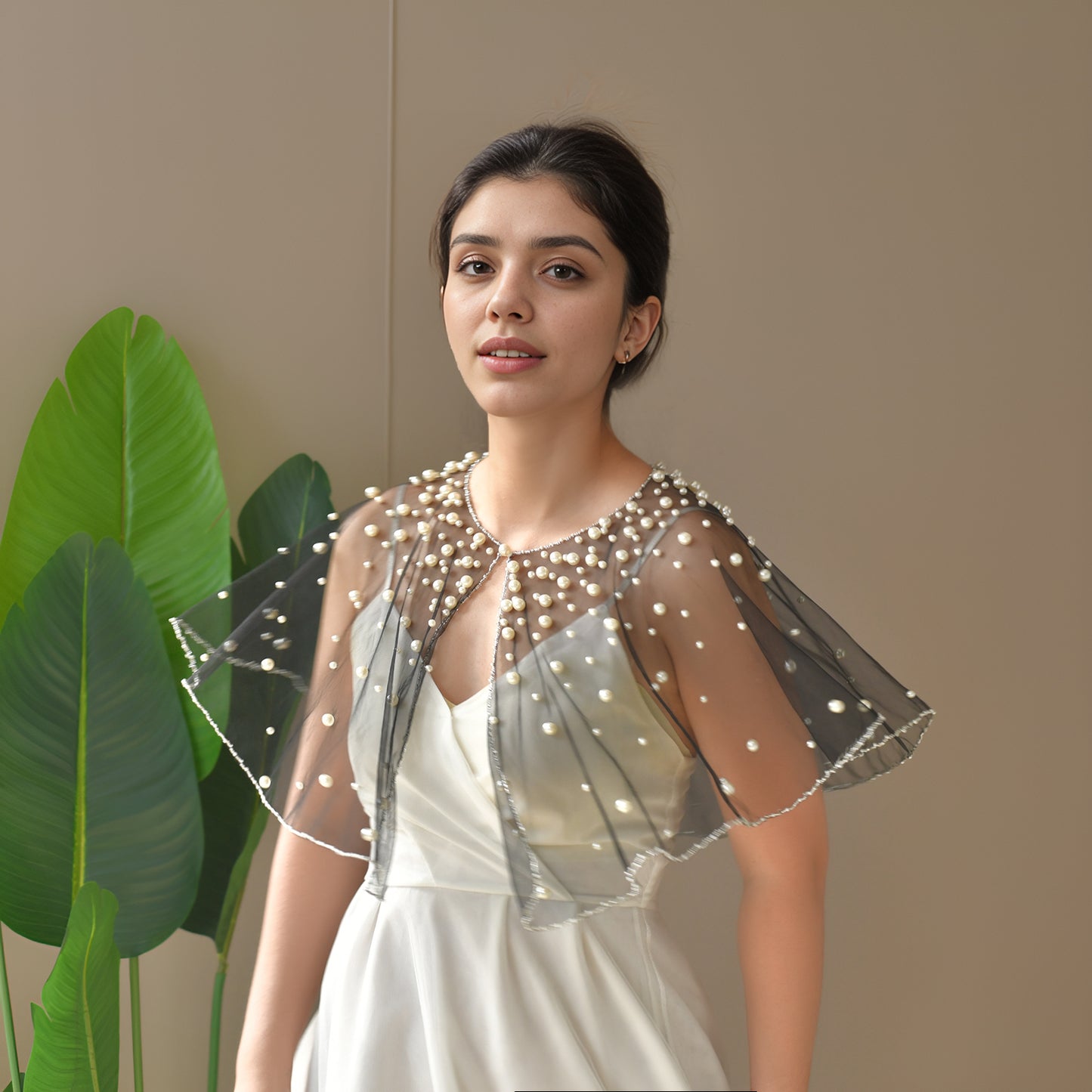 BRIDELLA BVG31 Pearl Beaded Bridal Cropped Party Jacket Elegant Sheer Cover up Modern Bridal Party Cropped Pearl Top