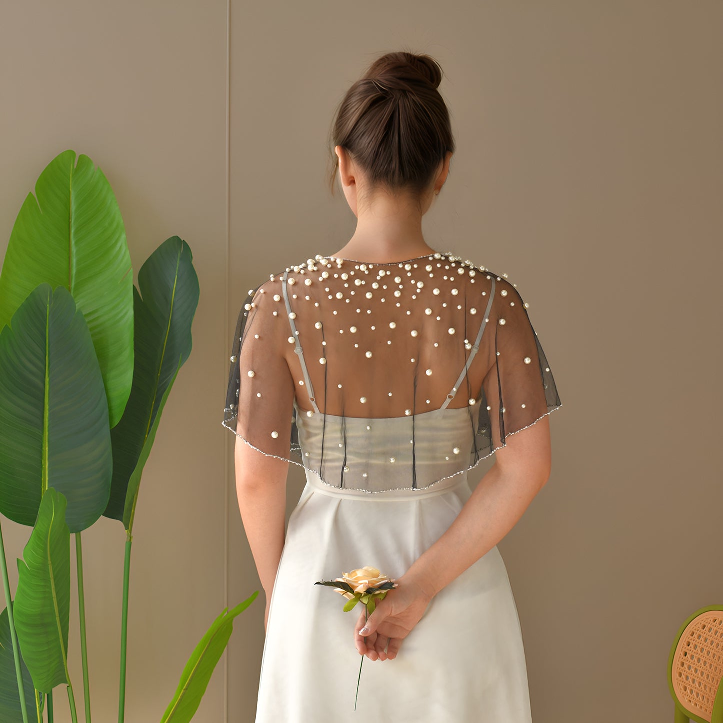 BRIDELLA BVG31 Pearl Beaded Bridal Cropped Party Jacket Elegant Sheer Cover up Modern Bridal Party Cropped Pearl Top