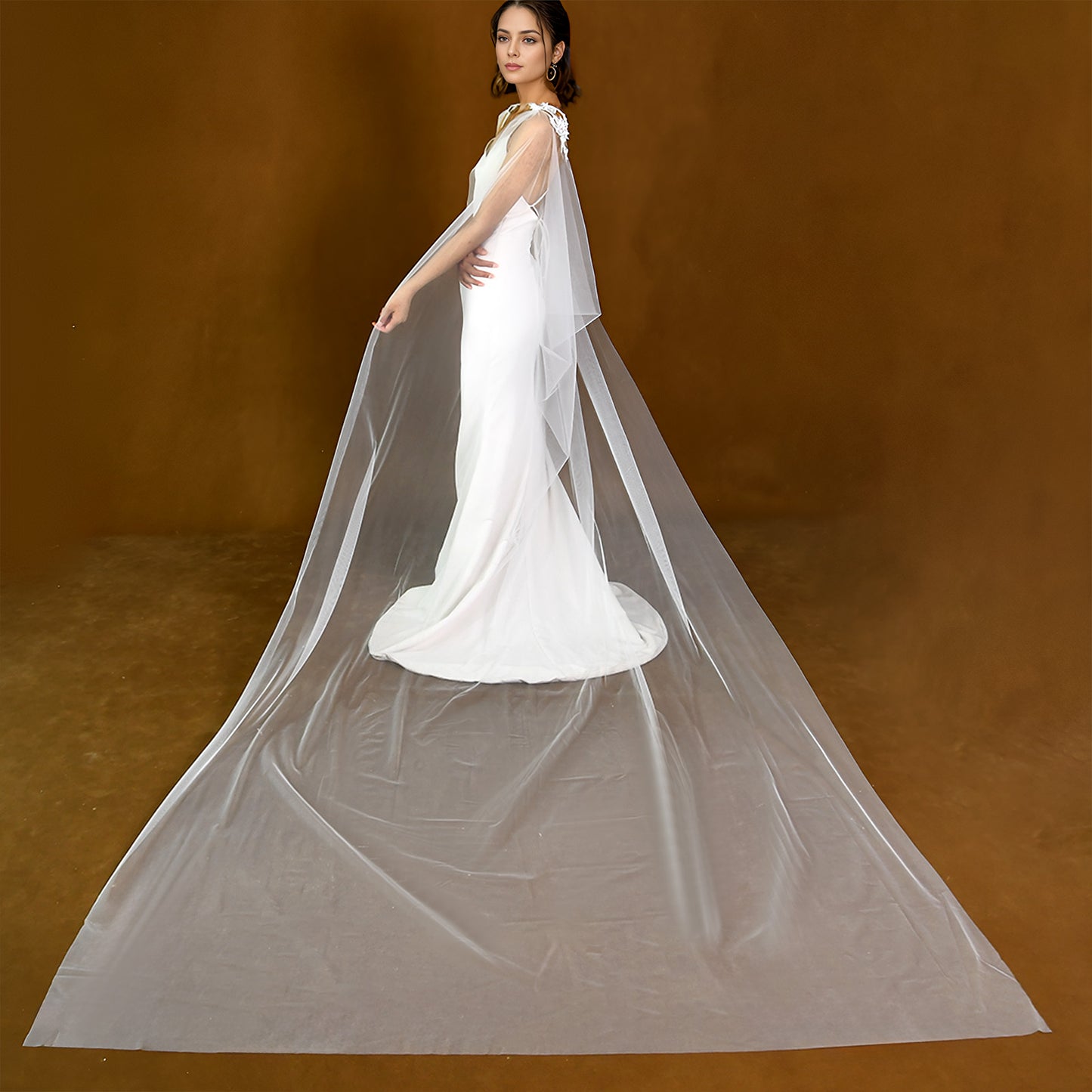 BRIDELLA BM25 Long Wedding Shawl With Lace Removable Bride Tulle Sleeves Cathedral Veil Cape Bride Dresses