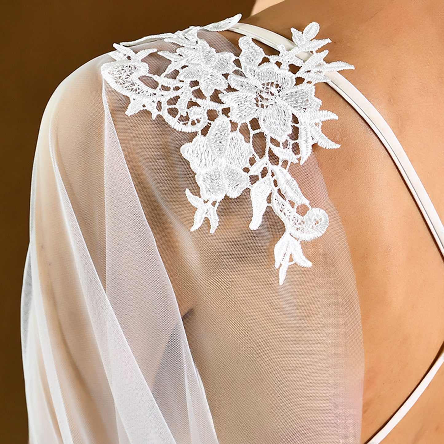 BRIDELLA BM25 Long Wedding Shawl With Lace Removable Bride Tulle Sleeves Cathedral Veil Cape Bride Dresses