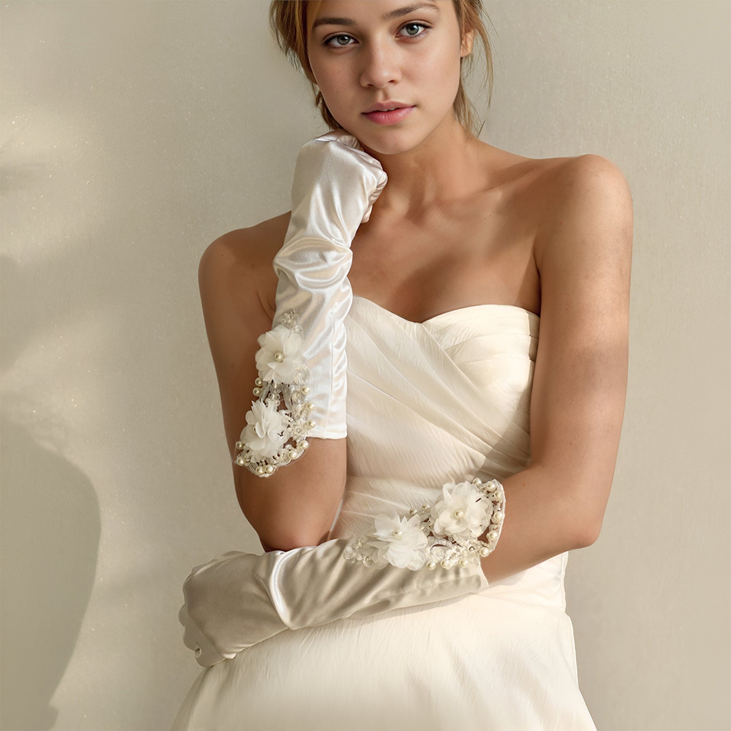 BRIDELLA BMM09 A Pair Of Long Finger White Embroidered Pearl Embellished Bridal Gloves Satin Wedding Accessories For Ladies