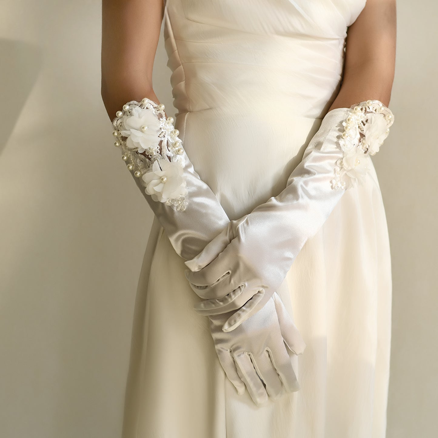 BRIDELLA BMM09 A Pair Of Long Finger White Embroidered Pearl Embellished Bridal Gloves Satin Wedding Accessories For Ladies