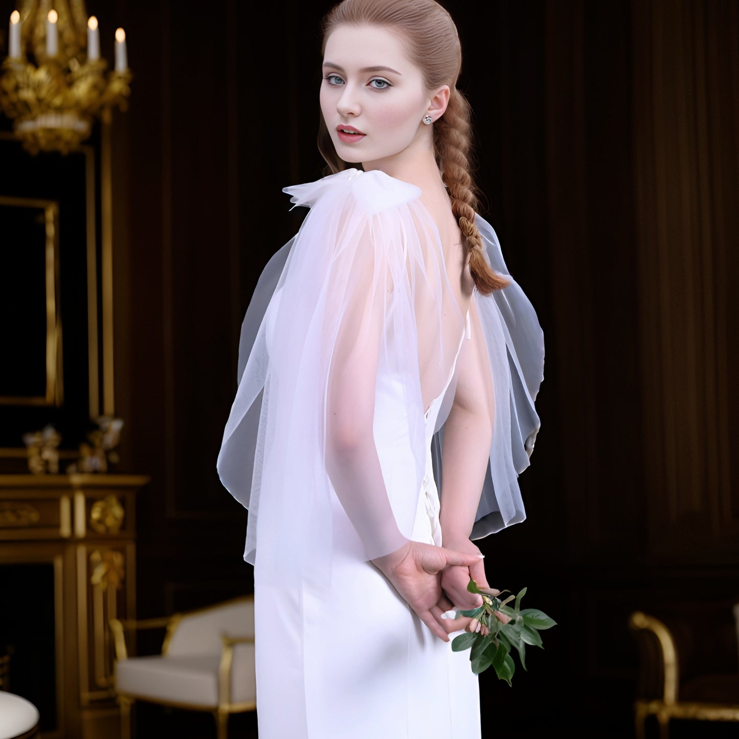 BRIDELLA BVG34 A Pair Of Bridal Wings Bow Mini Veil Wedding Shoulder Veil Decorative Shawl