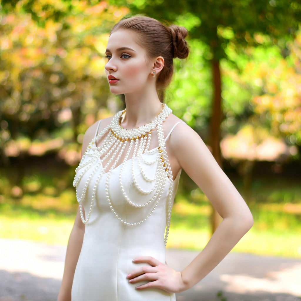 BRIDELLA BVG49 Luxury Sexy Fitted Jewelry Bridal Multi-Layer Pearl Wedding Jacket Women's Cape Top