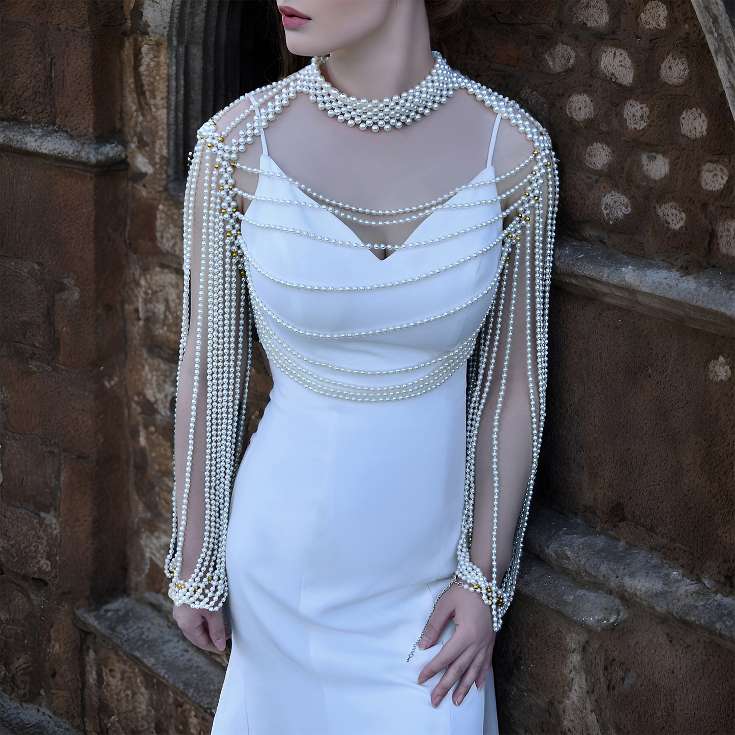 BRIDELLA BVG67 Pearl Beaded Bridal Cape With Detachable Sleeves For Weddings And Bachelorette Parties