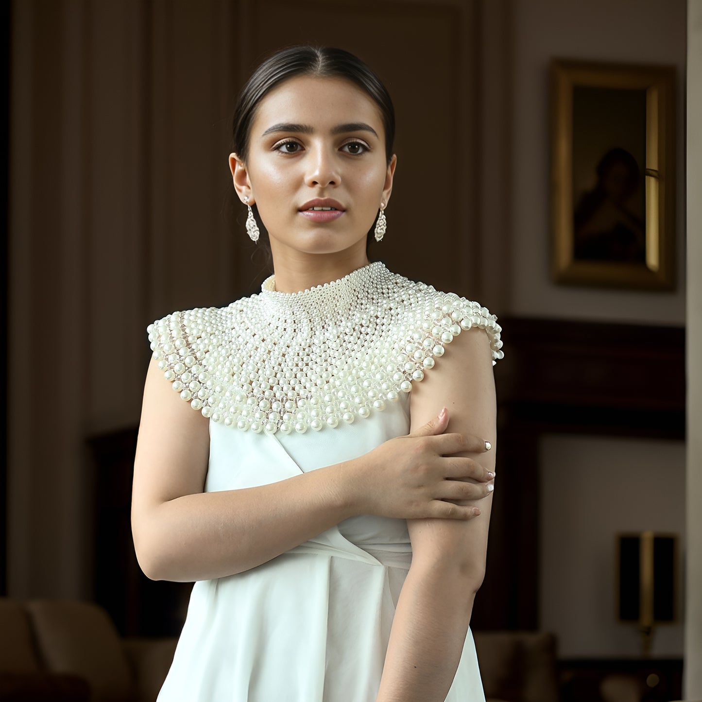 BRIDELLA BVG68 Fashion Pearl Beaded Wedding Shawl Women's Necklace Cropped Top Wedding DIY Jacket