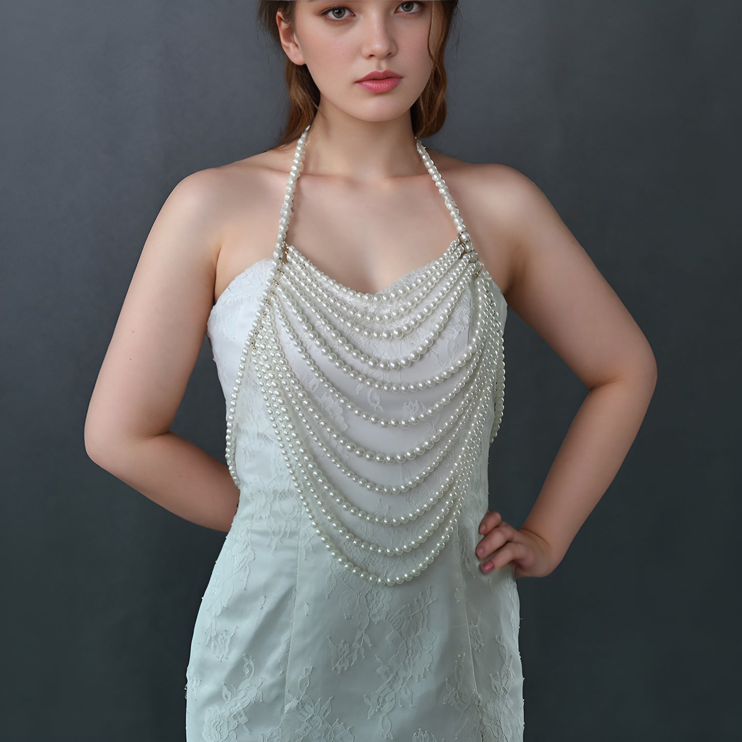BRIDELLA BVG69 Fashion Pearl Beaded Wedding Shawl Women's Necklace Cropped Top Wedding DIY Jacket
