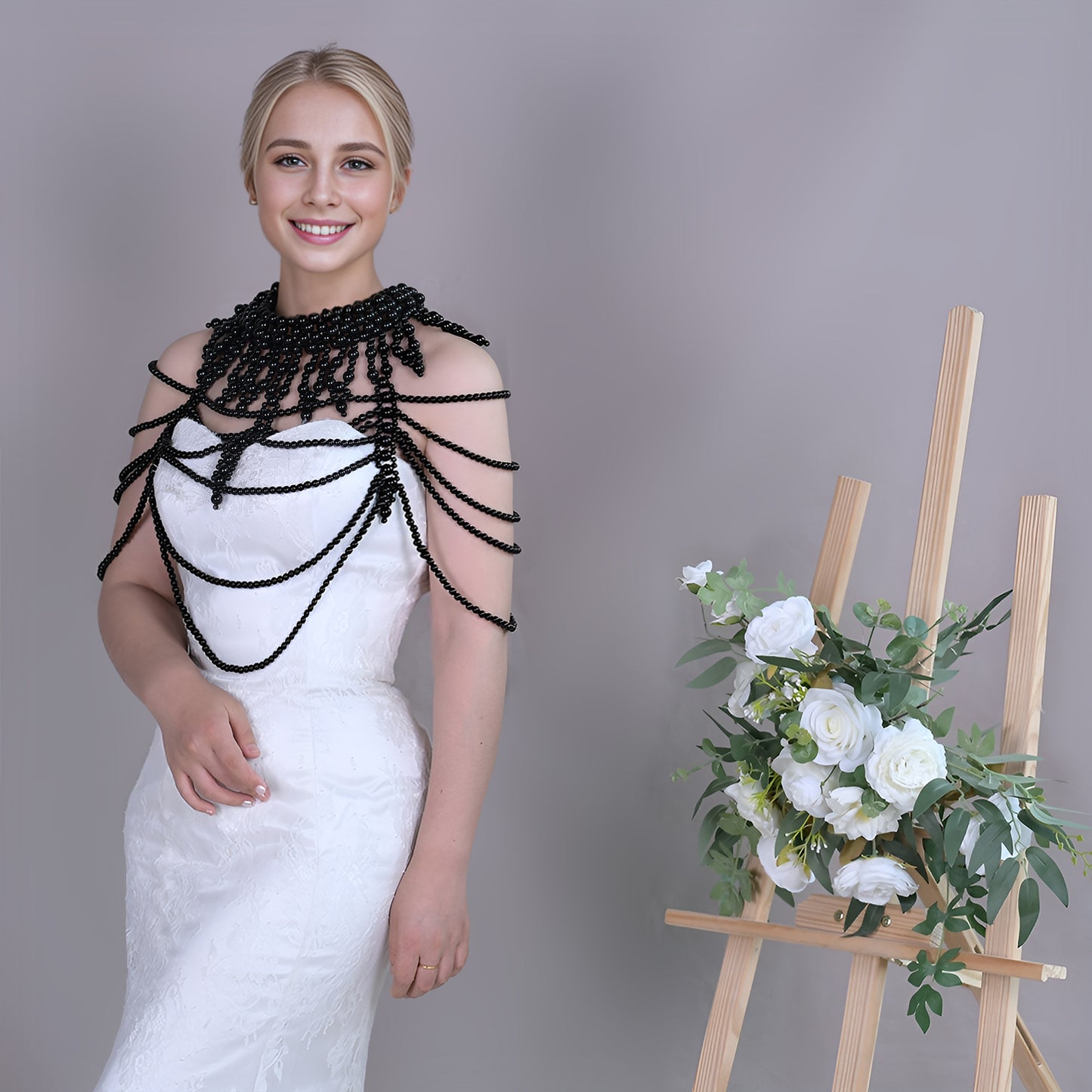 BRIDELLA BVG39 Sexy European And American Imitation Pearl Body Chain Luxury Multi Layer Pearl Bridal Wedding Tassel Shawl
