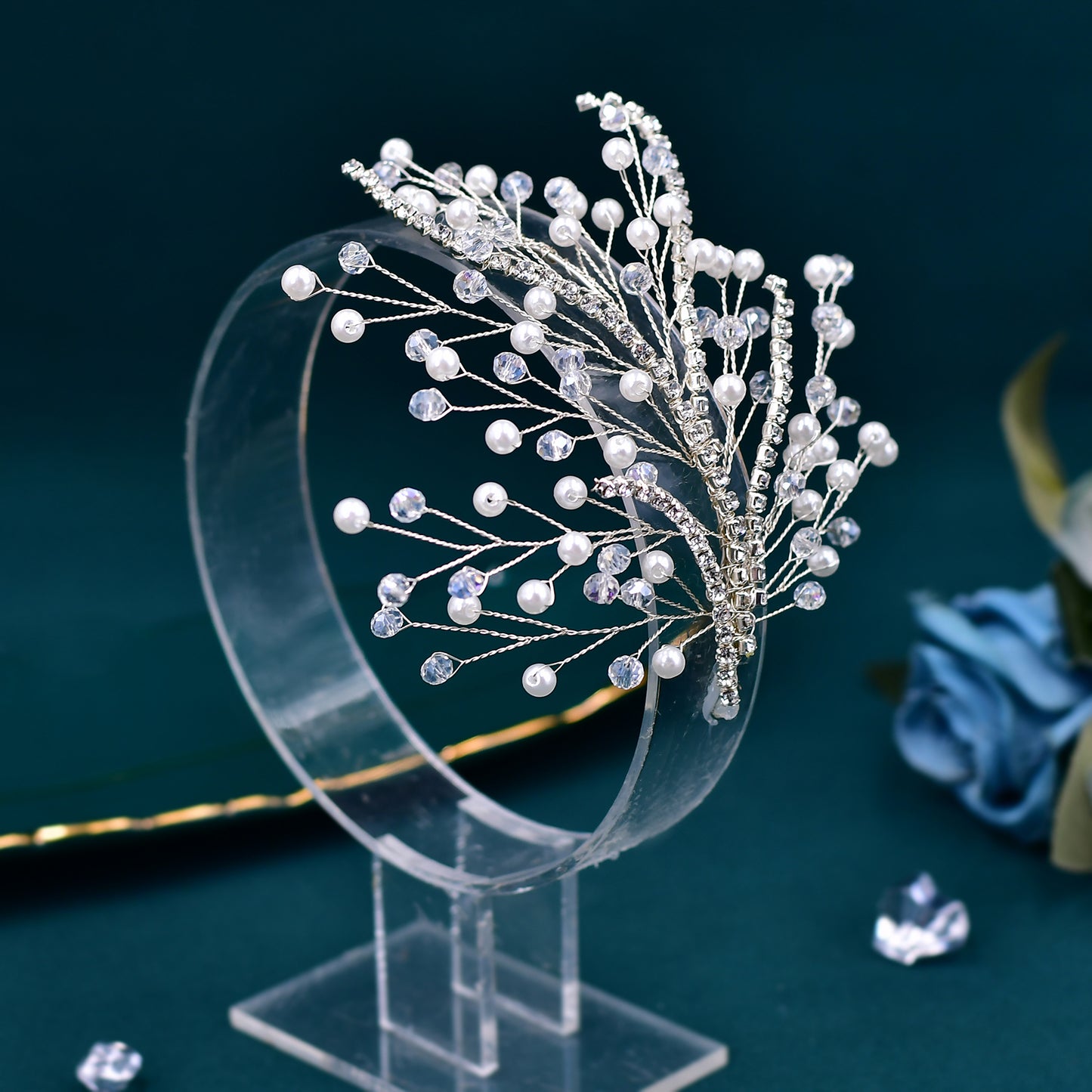 BHP587-Peals silver rhinestone pearl tiara