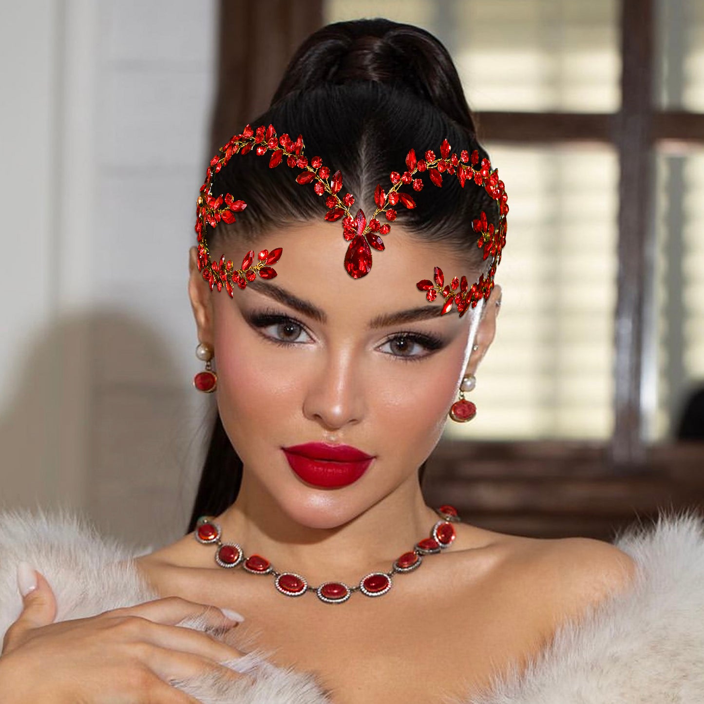 BRIDELLA BHP599 Red Bride Forehead Headband Sparkling Rhinestone Headpieces For Wedding Women Prom Party Head Jewelry Accessories