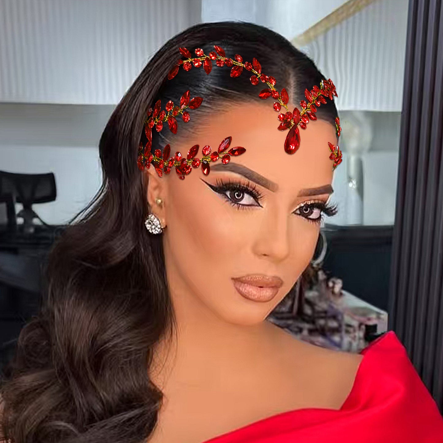 BRIDELLA BHP599 Red Bride Forehead Headband Sparkling Rhinestone Headpieces For Wedding Women Prom Party Head Jewelry Accessories