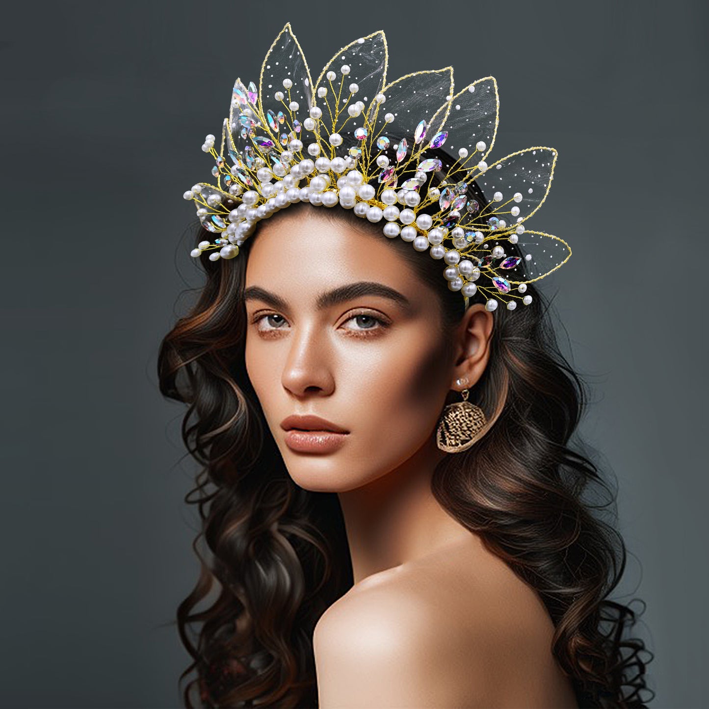 BRIDELLA BHP670 Handmade Gold Color Leaf And Pearl Crown Headband Wedding Crown for Bride Hair Accessories Bridesmaid Party Tiara