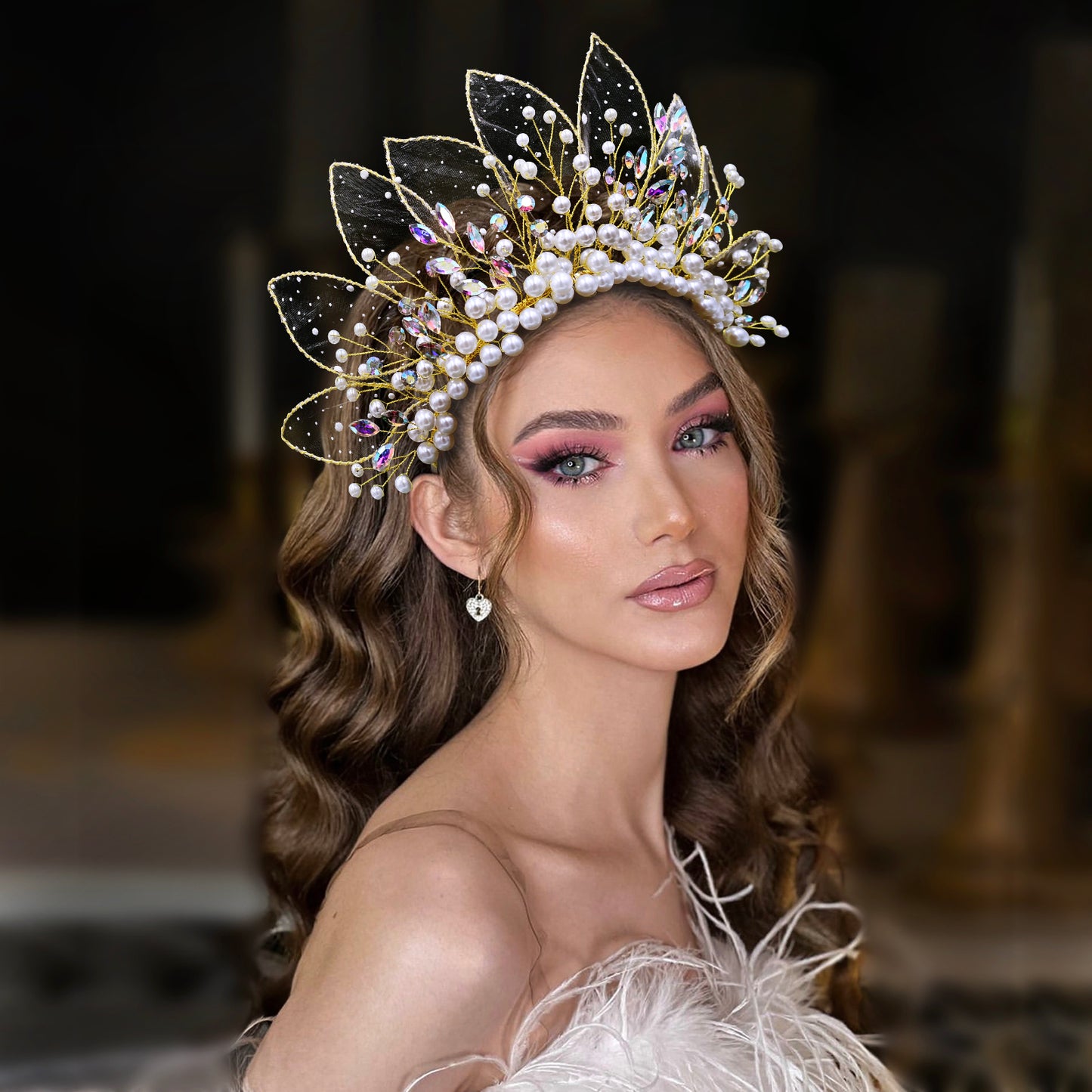 BRIDELLA BHP670 Handmade Gold Color Leaf And Pearl Crown Headband Wedding Crown for Bride Hair Accessories Bridesmaid Party Tiara
