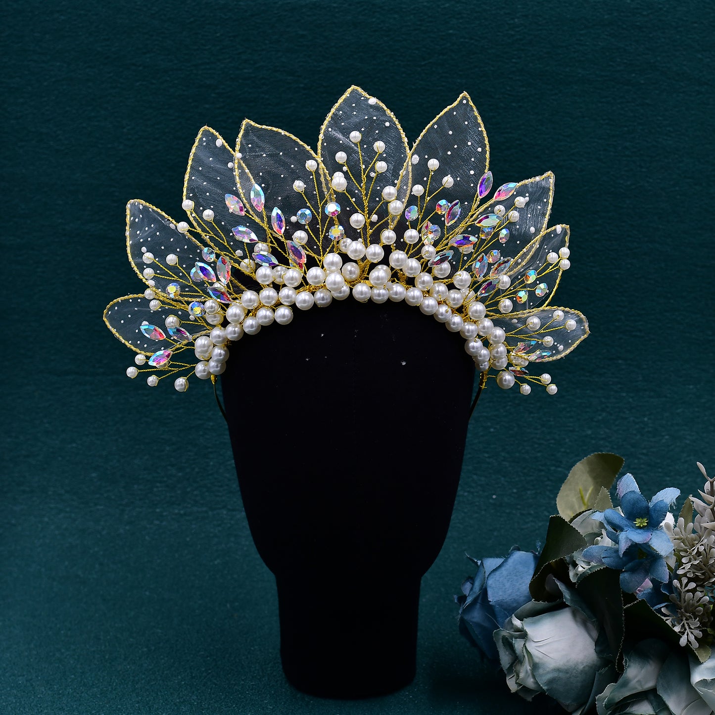 BRIDELLA BHP670 Handmade Gold Color Leaf And Pearl Crown Headband Wedding Crown for Bride Hair Accessories Bridesmaid Party Tiara