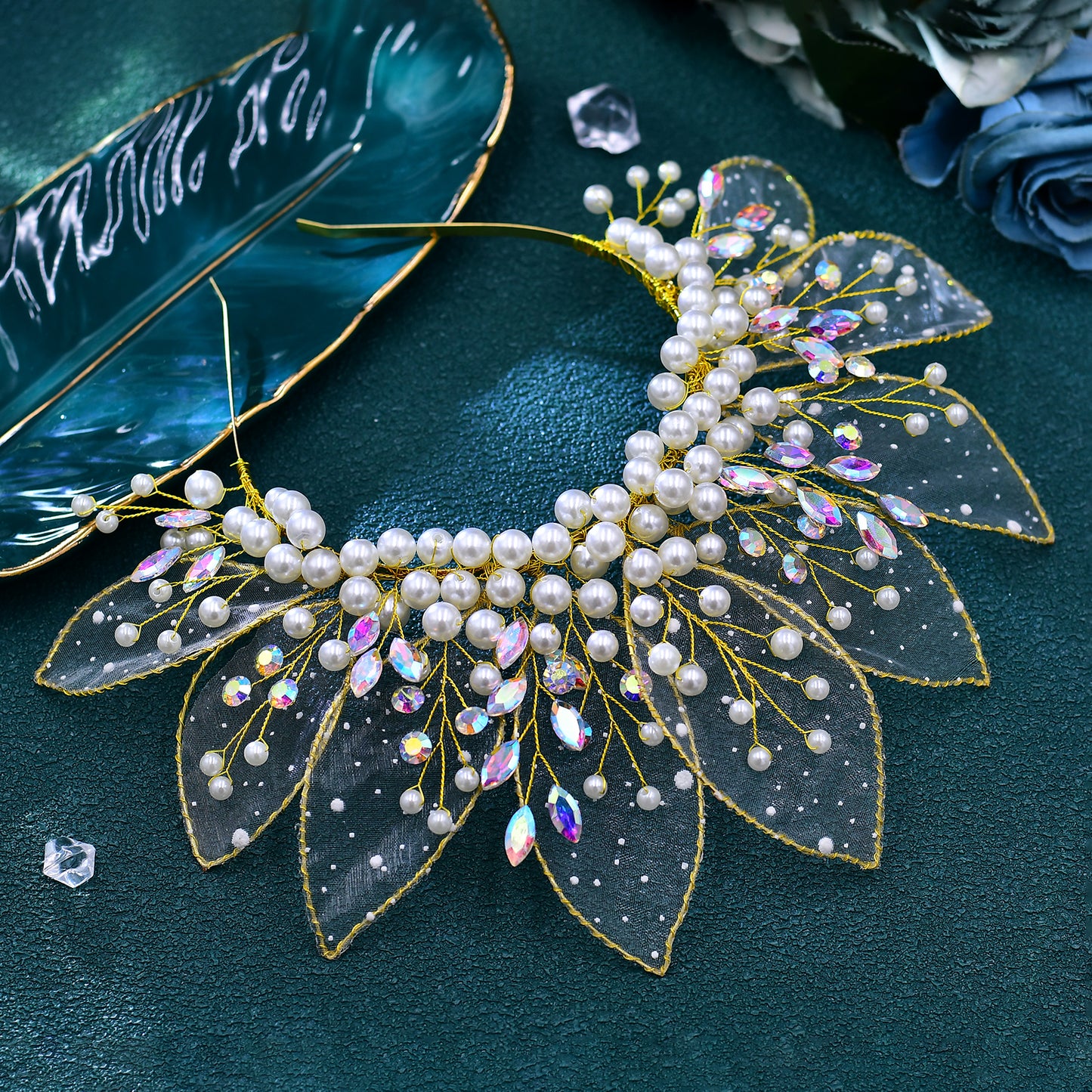 BRIDELLA BHP670 Handmade Gold Color Leaf And Pearl Crown Headband Wedding Crown for Bride Hair Accessories Bridesmaid Party Tiara