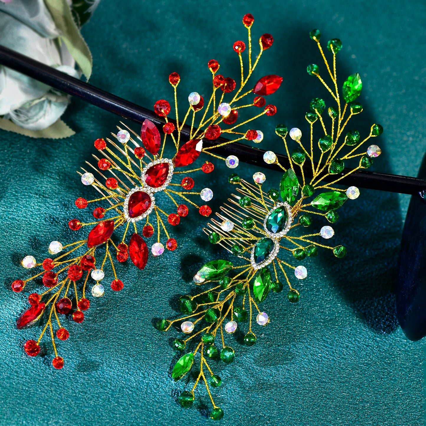 BRIDELLA BHP847 Wedding Rhinestone Hairstyles Headpiece Green Comb Crystal Headdress Bridal Hair Accessories Women Party Tiara Red